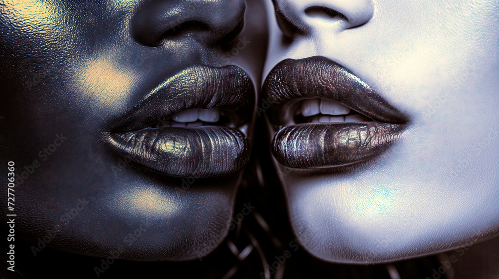 Close-up of Lips of a Black and a White Woman, Approaching as if for a Kiss