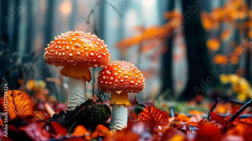 Close-up of Red Caps with White Dots, Fly Agaric Mushrooms, on a Forest Floor Covered with Autumn Leaves
