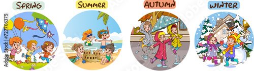 Vector illustration of Four Seasons With Cartoon Kid