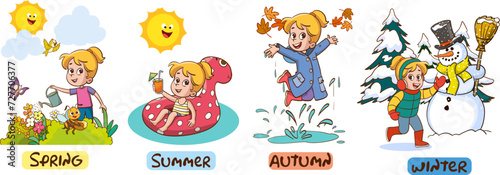 Vector illustration of Four Seasons With Cartoon Kid
