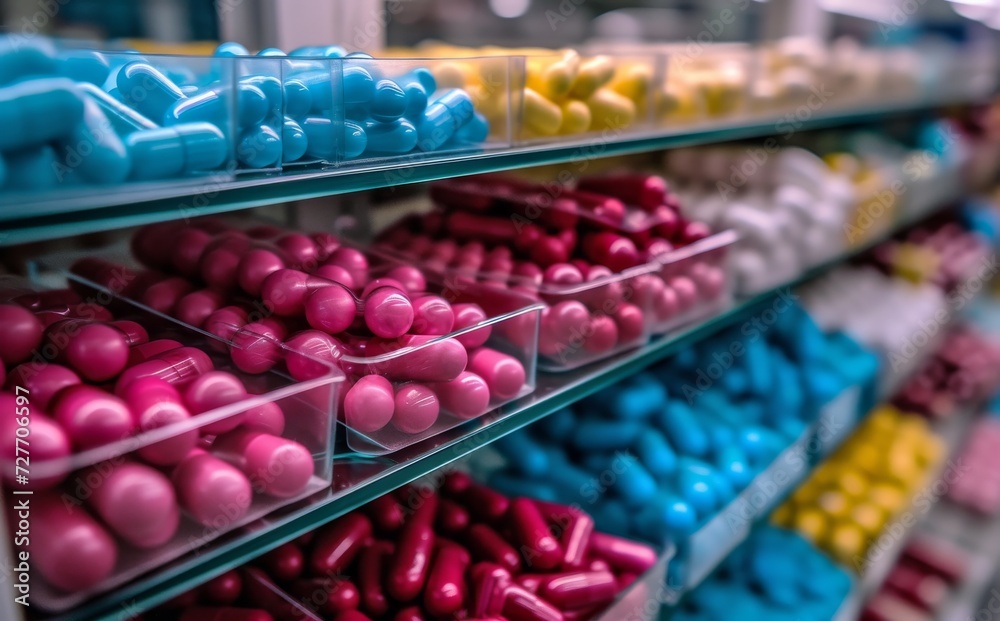Vibrant and tempting pills of various hues adorn a shelf in the convenience store, creating a colorful and alluring display in the bustling marketplace of retail