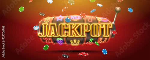 Neon sign Jackpot with slot machine and falling chips. Vector illustration.
