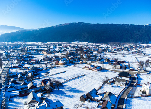 Aerial view of Moldovita village in Suceava county - Romania in winter