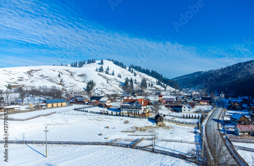 Aerial view of Moldovita village in Suceava county - Romania in winter
