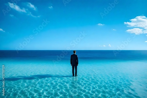 men standing in front of the blue sea with rising lakes abstract background view 
