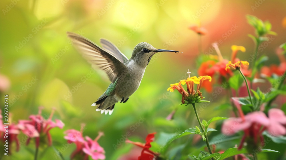 Fototapeta premium close up of Hummingbird in Flight Collecting Nectar