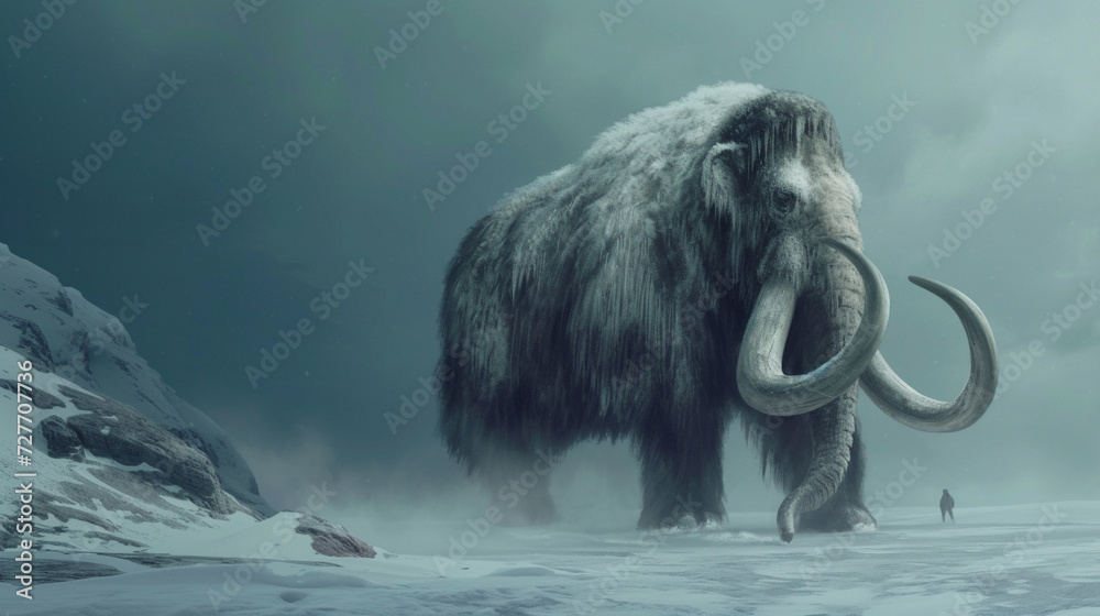 woolly mammoth walking in the north pole - obrazy, fototapety, plakaty 