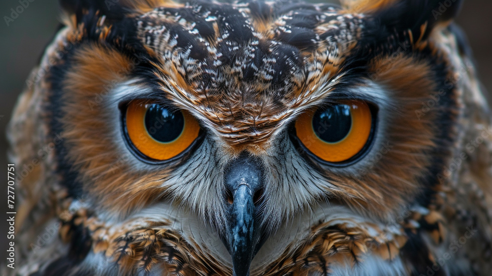 close up of Owl face with staring eyes close up of Owl face with staring eyes