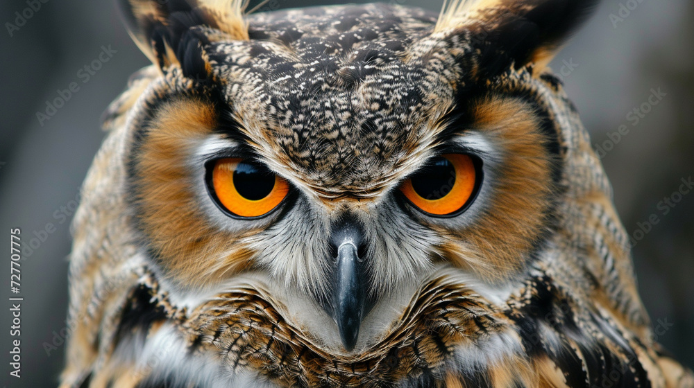 close up of Owl face with staring eyes close up of Owl face with staring eyes