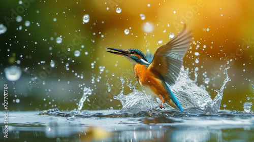 common kingfisher diving for fish with water splashes © Banu