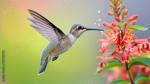close up of Hummingbird in Flight Collecting Nectar photo