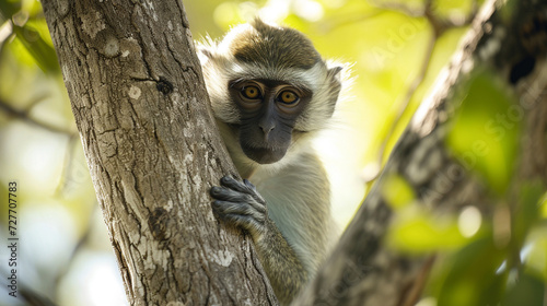 vervet monkey perched in a tree in wild photo