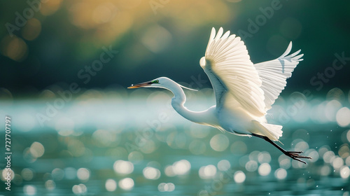 Great White egret in flight over water photo