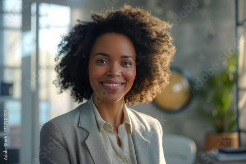Cheerful Afro businesswoman, serving as the CEO and wearing glasses, stands with arms crossed in her office