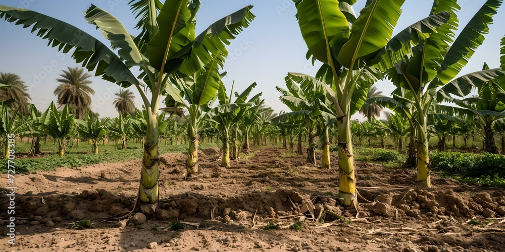 Lush banana plantation with rich green foliage under blue sky. tropical agriculture concept. ideal for travel and nature themes. AI Lush banana plantation with rich green foliage under blue sky. tropical agriculture concept. ideal for travel and nature themes. AI