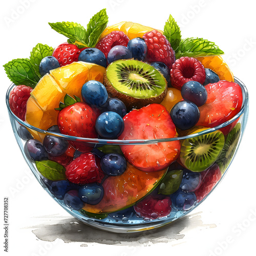 Colorful fruit salad in a glass bowl isolated on white background, sketch, png
