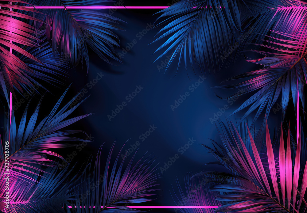 Tropical leaves bathed in blue and green illumination, framed by neon lights, offering a creative space for additional elements and copy. Tropical leaves bathed in blue and green illumination, framed by neon lights, offering a creative space for additional elements and copy.