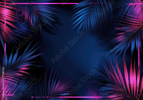 Tropical leaves bathed in blue and green illumination  framed by neon lights  offering a creative space for additional elements and copy.