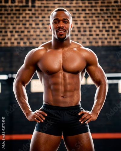 A well-built man with pronounced musculature stands confidently in the gym, showing off his best physical conditioning.