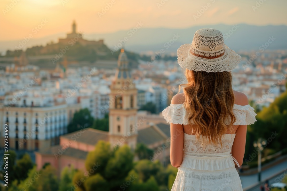 Back view. Beautiful young woman in white dress, hat girl looks at the cityscape