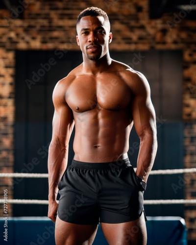 Well-built dark-skinned man with pronounced muscles stands confidently in the gym, showing his best physical condition.