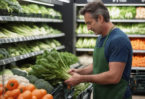 スーパーの野菜売り場で働く男性 Generative AI photo