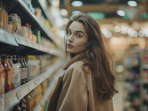 Young woman in a beige coat among the supermarket shelves