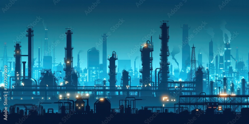 Vector illustration. Silhouettes of industrial plants. Blue oil refinery with pipes and gas production tanks