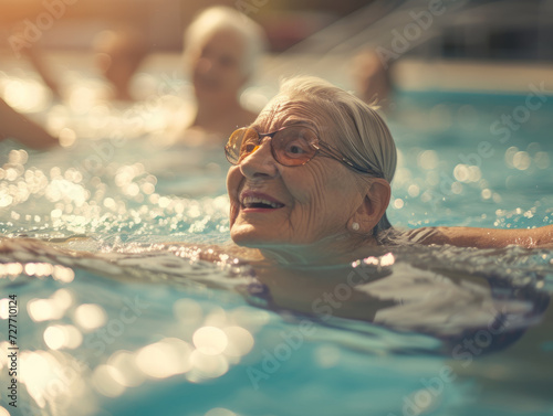 Positive pensioner woman swims in the pool