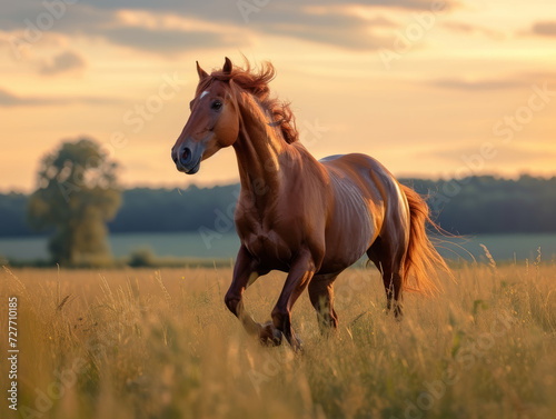 A big beautiful horse gallops across the field