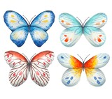 Set with abstract butterfly in blue, yellow, red tones, watercolor on a white background