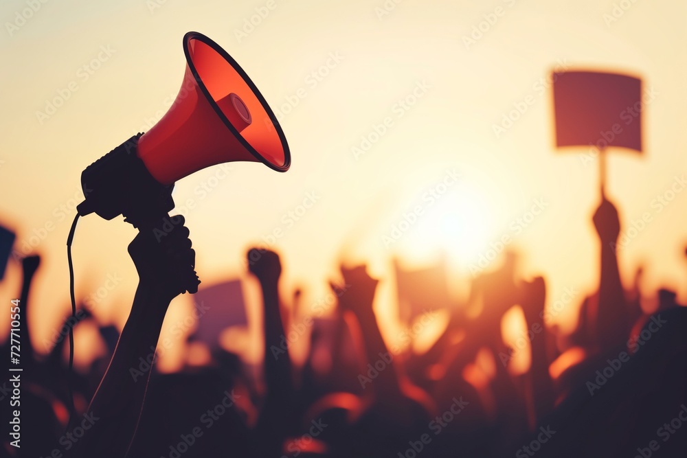 Political communication raised hand with megaphone over sunset - obrazy, fototapety, plakaty 