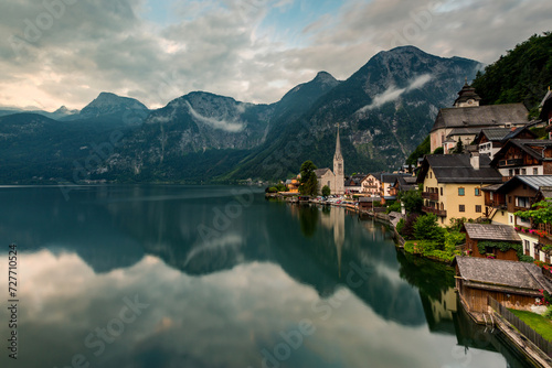 Small Town of Hallstatt reflecting in the water, Gmunden, Upper Austria