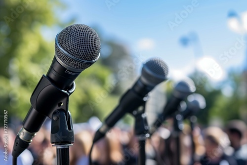 Political communication various microphones at a political rally