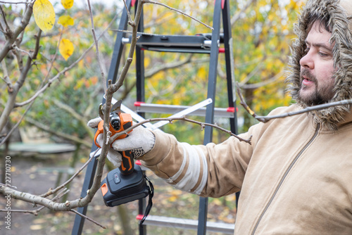 Male gardener prune fruit tree using battery powered pruning secateurs, shears. Pruning electric tools. Farmers prunes branches of a tree in the garden with electric pruning secateurs in autumn.