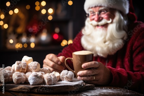 An image depicting Santa Claus delighting in a cup of hot cocoa and indulging in delectable New Year's pastries placed on a rustic wooden tray