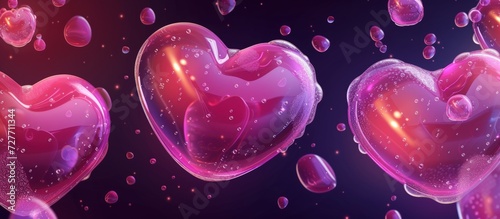 Rendering 3d transparent hearts shape with pink liquid bubbles pastel background.Generated AI image