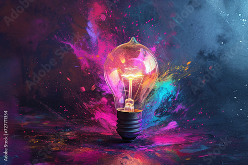 An imaginative light bulb bursts, releasing a burst of vibrant paint splashes against a black backdrop. Embracing the concept of thinking differently and fostering creative ideas photo