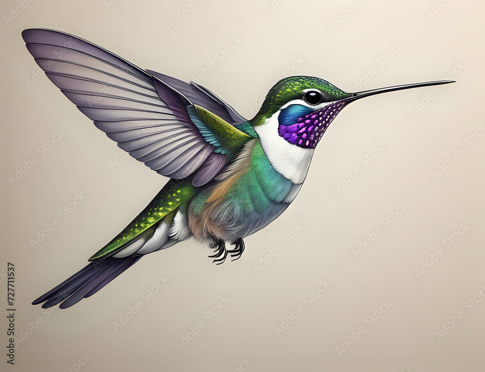 Zeichnung von einem Kolibri mit lila Hals und weißer Brust - obrazy, fototapety, plakaty 