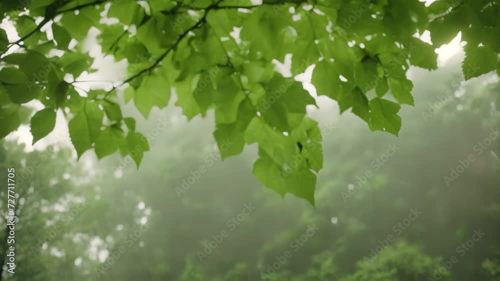 the scene of a green leafy tree standing tall amidst the dense forest, A serene forest setting while a gentle rainfall patters on the canopy of leaves overhead, AI Generated the scene of a green leafy tree standing tall amidst the dense forest, A serene forest setting while a gentle rainfall patters on the canopy of leaves overhead, AI Generated