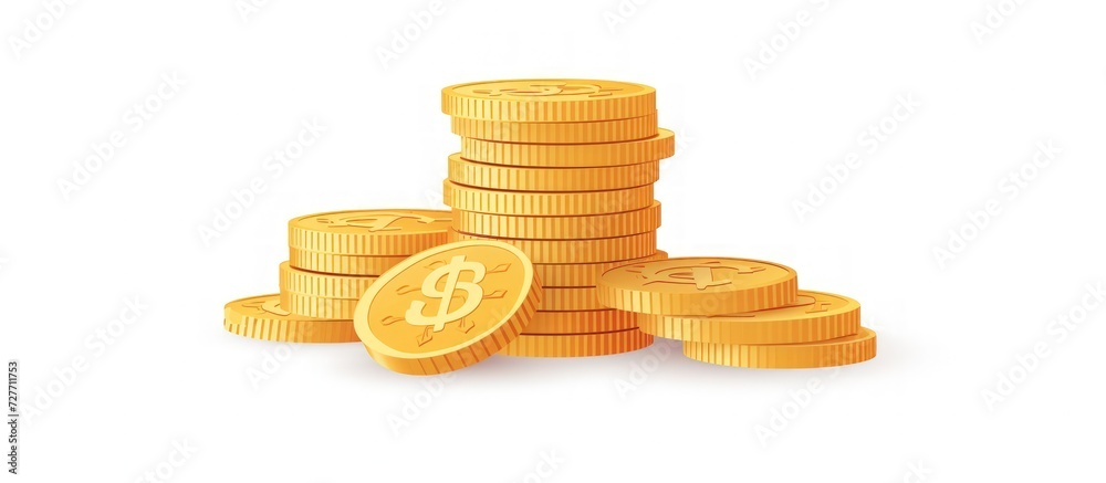 Stack of gold dollar money coins with cartoon minimal style on white background. Generated AI image