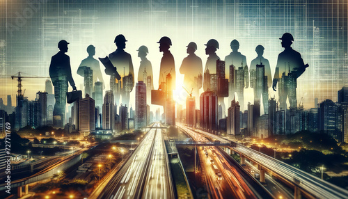 It shows silhouettes of engineers and construction workers against a bustling cityscape at sunset, depicting urban development and the workforce behind it. Urban development concept. AI generated. photo