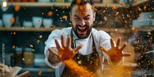 Cheerful chef creating a culinary spectacle with a flour explosion in a restaurant kitchen. vibrant food photography. AI