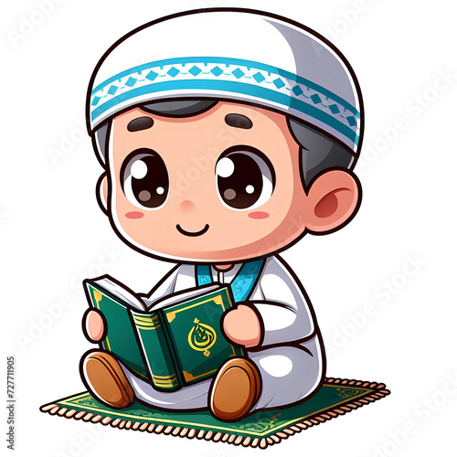 cute boy child character reading Al quran in cartoon style on transparent background