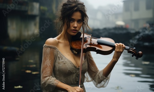 A woman in a sheer dress playing the violin during rainy day in old town background. photo