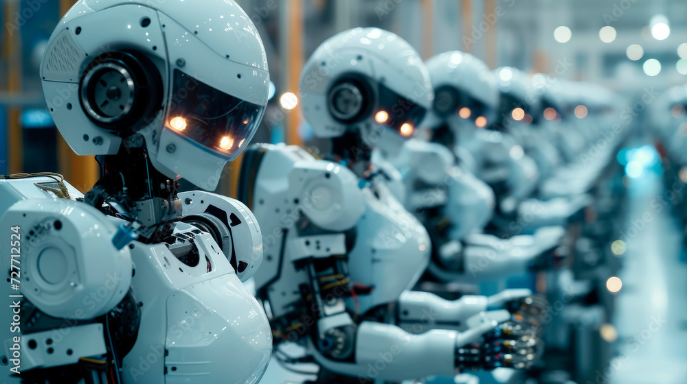 Group of robots working together on a segment of the assembly line, showcasing the harmony between technology. Group of robots working together on a segment of the assembly line, showcasing the harmony between technology.
