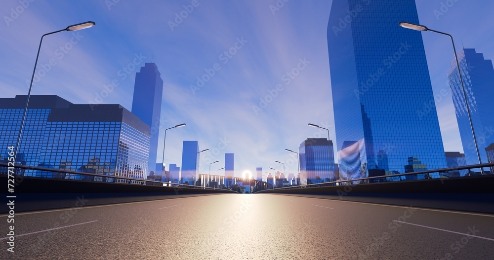 Obraz premium Empty asphalt road. Metropolitan morning cityscape. Blue sky and purple clouds. 3D rendering.