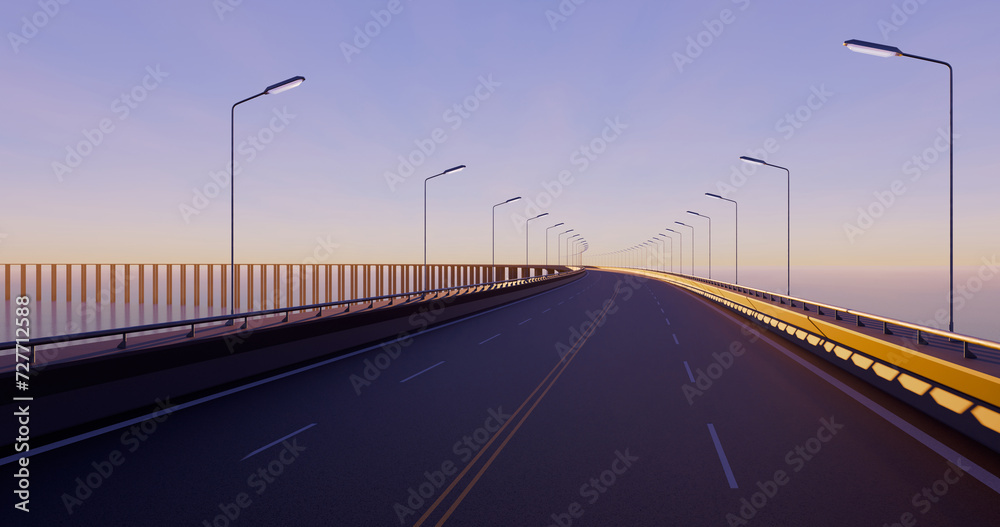 Empty asphalt curved road on the sea. Morning or sunset purple sky. 3D rendering.
