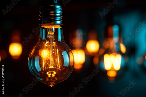 Group of light bulbs glow on black background. Idea concept with innovation and inspiration.