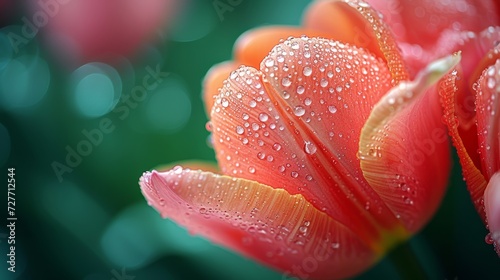 A close-up of a dew-kissed tulip, showcasing intricate petal details and fresh morning dewdrops.